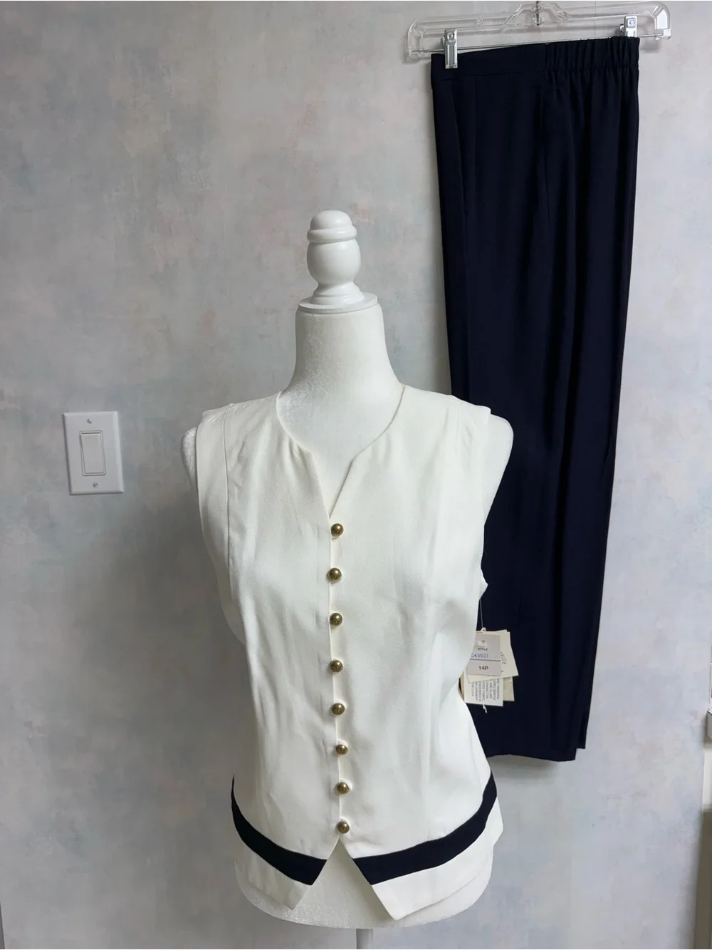 Career Pant Set -Sleeveless White & Navy, Gold Buttons -Matching Navy Pants NWT